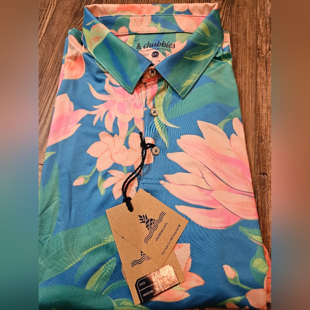 New Chubbies Men's Golf Polo Smell The Roses Blue and Pink Floral Shirt